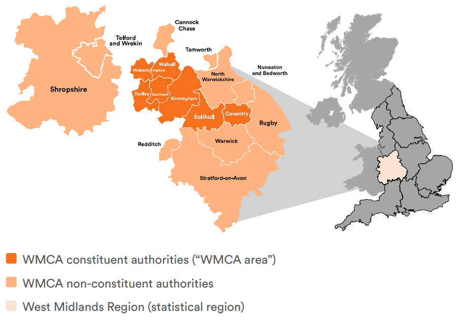 Map showing the West Midlands Combined Authority region